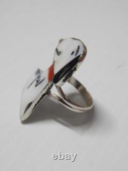 VINTAGE NAVAJO INDIAN SNOOPY CARTOON STERLING SILVER JET + SHELL RING sz 7