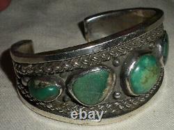 VINTAGE NAVAJO TURQUOISE TWISTED WIRE & HEAVY STERLING SILVER BRACELET vafo