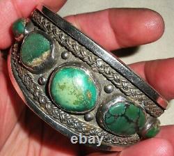 VINTAGE NAVAJO TURQUOISE TWISTED WIRE & HEAVY STERLING SILVER BRACELET vafo