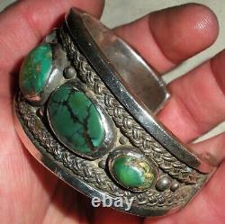 VINTAGE NAVAJO TURQUOISE TWISTED WIRE & HEAVY STERLING SILVER BRACELET vafo