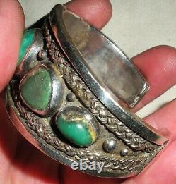 VINTAGE NAVAJO TURQUOISE TWISTED WIRE & HEAVY STERLING SILVER BRACELET vafo