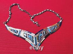 VINTAGE NAVAJO or ZUNI NATIVE AMERICAN TURQUOISE INLAY STERLING BIB NECKLACE