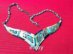 VINTAGE NAVAJO or ZUNI NATIVE AMERICAN TURQUOISE INLAY STERLING BIB NECKLACE