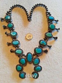 VINTAGE Navajo Indian Squash Blossom Necklace Turquoise Sterling Silver BIG 180g