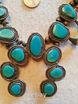 VINTAGE Navajo Indian Squash Blossom Necklace Turquoise Sterling Silver BIG 180g