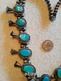 VINTAGE Navajo Indian Squash Blossom Necklace Turquoise Sterling Silver BIG 180g