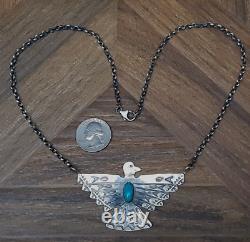 VINTAGE Navajo Thunderbird Bird Necklace Sterling Silver ROYSTON Turquoise 21