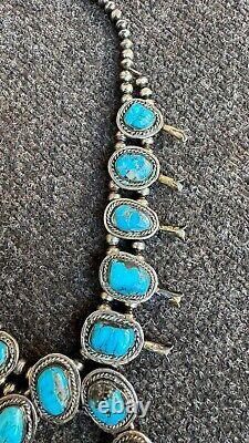 VINTAGE Old Navajo Indian Squash Blossom Necklace Turquoise Sterling Silver 185g