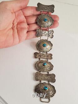 VTG Native American Sterling Turquoise Concho Stamped Details Bracelet 8 1/4