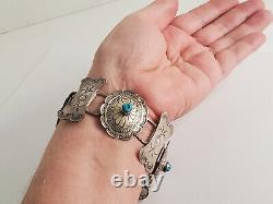 VTG Native American Sterling Turquoise Concho Stamped Details Bracelet 8 1/4