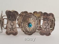 VTG Native American Sterling Turquoise Concho Stamped Details Bracelet 8 1/4