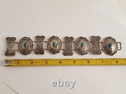 VTG Native American Sterling Turquoise Concho Stamped Details Bracelet 8 1/4