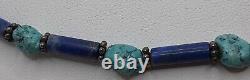 Vintage 17 Navajo indian Lapis Turquoise Sterling silver bead Necklace 925 hook