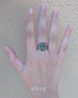 Vintage 1930's Navajo Indian Sterling Thunderbirds Turquoise Ring Size 5-1/2
