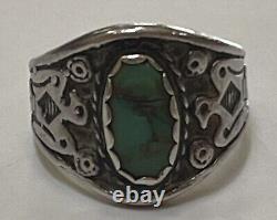 Vintage 1930's Navajo Indian Sterling Thunderbirds Turquoise Ring Size 5-1/2