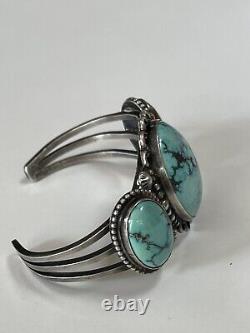 Vintage 1940s Navajo Indian Silver Large Cabs Blue Turquoise Cuff Bracelet