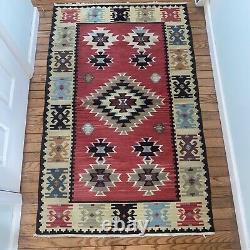 Vintage American Indian Navajo Tribal Kilim Rug Geometric 1950's Carpet 38x60