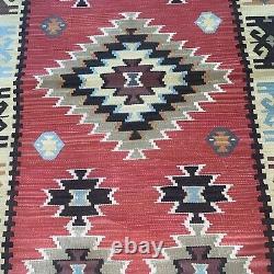 Vintage American Indian Navajo Tribal Kilim Rug Geometric 1950's Carpet 38x60