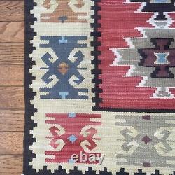 Vintage American Indian Navajo Tribal Kilim Rug Geometric 1950's Carpet 38x60