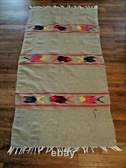 Vintage Hand Woven Mexican/Indian Blanket Rug Throw 9 Fish Design 83 x 41