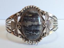 Vintage Men's Navajo Indian Sterling Silver Scenic Petrified Wood Cuff Bracelet