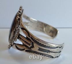 Vintage Men's Navajo Indian Sterling Silver Scenic Petrified Wood Cuff Bracelet