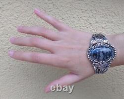 Vintage Men's Navajo Indian Sterling Silver Scenic Petrified Wood Cuff Bracelet