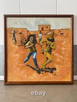 Vintage Modern Southwest American Indian Navajo Oil Painting, Signed 1970s