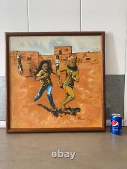 Vintage Modern Southwest American Indian Navajo Oil Painting, Signed 1970s