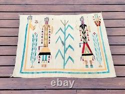 Vintage Native American Indian Navajo Yei Handwoven Rug Blanket 52 X 38