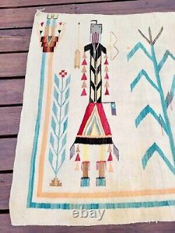 Vintage Native American Indian Navajo Yei Handwoven Rug Blanket 52 X 38