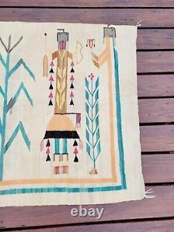 Vintage Native American Indian Navajo Yei Handwoven Rug Blanket 52 X 38