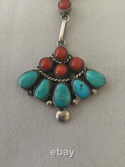 Vintage Native American Indian Sterling Silver beaded Turquoise & Coral Necklace