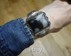 Vintage Native American Navajo Sterling Silver Snowflake Jasper Cuff Bracelet