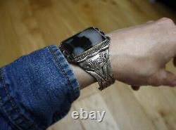 Vintage Native American Navajo Sterling Silver Snowflake Jasper Cuff Bracelet