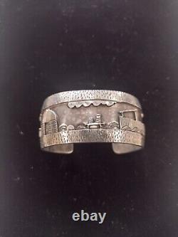 Vintage Native American Navajo Sterling Silver Storyteller Cuff Bracelet