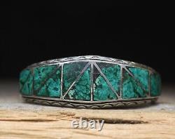 Vintage Native American Zuni Malachite Sterling Silver Cuff Bracelet