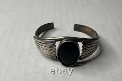 Vintage Native Platero Navajo Sterling Silver Indian Cuff Bracelet Black Stone
