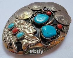 Vintage Navajo Handmade SQUAW WRAP Belt Buckle Turquoise Coral Nickels Warrior