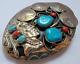 Vintage Navajo Handmade Squaw Wrap Belt Buckle Turquoise Coral Nickels Warrior