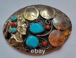 Vintage Navajo Handmade SQUAW WRAP Belt Buckle Turquoise Coral Nickels Warrior