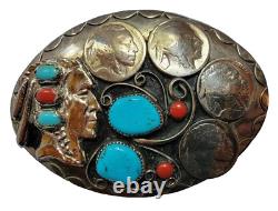 Vintage Navajo Handmade SQUAW WRAP Belt Buckle Turquoise Coral Nickels Warrior