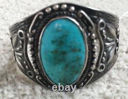 Vintage Navajo Harvey Style Stamped Silver & Turquoise Cuff Bracelet