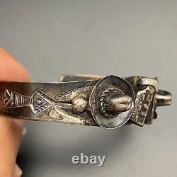 Vintage Navajo Indian Cowboy Hat Pants Stamped Silver Cuff Bracelet 6-5/8