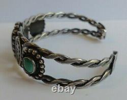 Vintage Navajo Indian Pounded Twisted Wire Silver Turquoise Cuff Bracelet