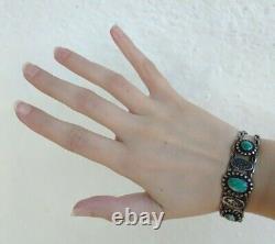 Vintage Navajo Indian Pounded Twisted Wire Silver Turquoise Cuff Bracelet