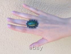 Vintage Navajo Indian Silver Large Cabochon Green Turquoise Ring Size 9