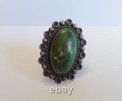 Vintage Navajo Indian Silver Large Cabochon Green Turquoise Ring Size 9