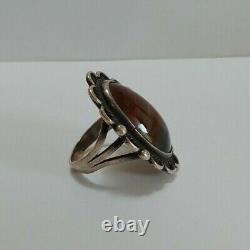 Vintage Navajo Indian Silver Scenic Petrified Wood Ring Size 6-1/2