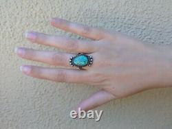 Vintage Navajo Indian Silver Spiderweb Turquoise Ring Size 7